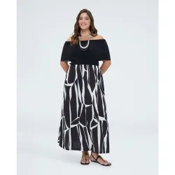 Vestido chill off shoulder con estampado escote off-shoulder con manga corta de hombro caído