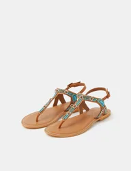 Leather Floral Beaded Toe Thong Sandals Brown Mix female