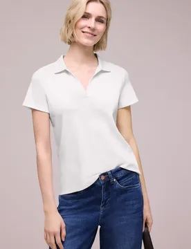 Kurzarm Poloshirt mit Split Neck female Weiß - Street One - FashionsVida
