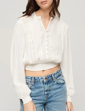 Blusa A Maniche Lunghe Lace Trim Smocked Ecru XL