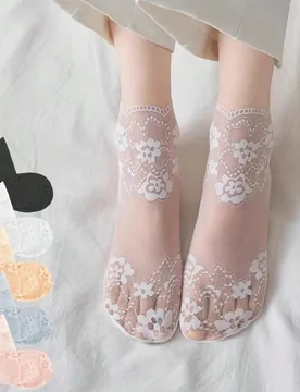 Pares de calcetines de malla transparente y sexy con diseño floral de encaje fino para mujer, en blanco/negro - Shein - FashionsVida