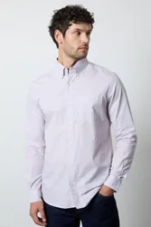 Men's Orange Micro Grid Check Long Sleeve Shirt Size: Medium - Orange - Size: M