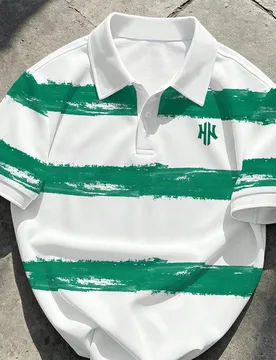 Camisa polo de hombre clásica casual con estampado de pinceladas de pintura al óleo, rayas y logo H en verde, adecuada para uso diario y reuniones - Shein - FashionsVida
