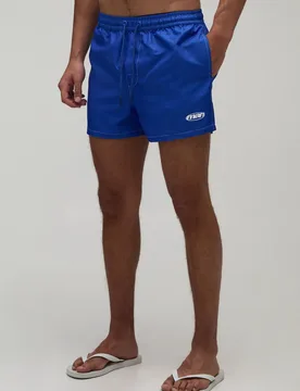 Mens Constrast Stitch Short Length Man Embroidered Swim - Blue - Size Small - boohooMAN - FashionsVida