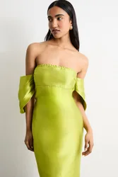 Women's Structured Puff Sleeve Bardot Midi Dress in Chartreuse Size: 14 - Chartreuse - Size: 14