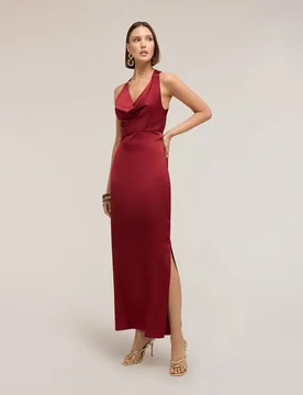Vestido largo de satén con drapeado escote frontal con drapeado - Motivi - FashionsVida