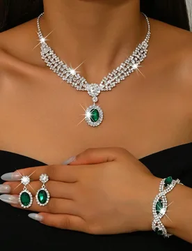 Par de pendientes colgantes elegantes + 1 collar + 1 pulsera de lágrima negra con strass - Conjunto de joyería de cobre adecuado para bodas y ocasio - Shein - FashionsVida