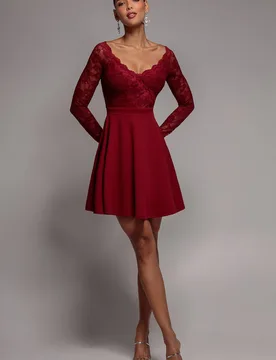 Women's Off The Shoulder Lace Skater Mini Dress in Burgundy Size: 6 - Burgundy - Size: 6 - Goddiva - FashionsVida