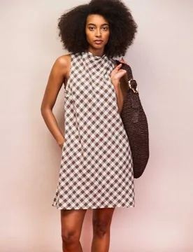 Linen Blend Gingham Cowl Neck Mini Shift Dress Brown Mix female - RO&ZO - FashionsVida
