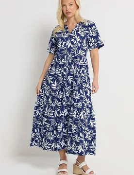 Women's Leaf Print Notch Neck Cotton Maxi Dress in Dark Blue Size: 10 - Dark Blue - Size: 10 - M&Co - FashionsVida