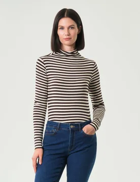 T-shirt a collo alto color panna a righe marroni a maniche lunghe in viscosa stretch - Emme Marella - FashionsVida