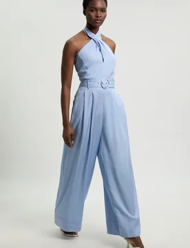 Womens Premium Viscose Linen Cross Front Halter Belted Woven Wide Leg Jumpsuit - Blue - Size 16 Uk - Karen millen - FashionsVida