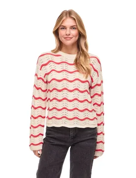 Pull Wave O-neck Pointelle Knit Birch / Hibiscus XL - Vila - FashionsVida
