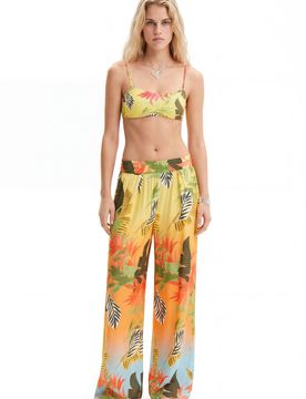 Pantalon wide leg tropical, Viscose, Orange, XS