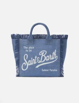 Borsa Vanity in denim di cotone con scritta logo bianca stampata e frange lungo i profili - MC2 SAINT BARTH - FashionsVida