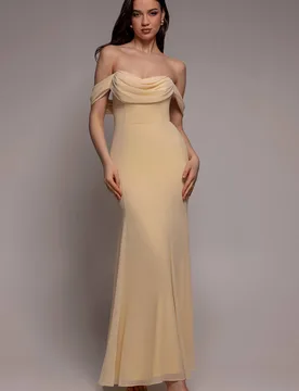 Women's Chiffon Bardot Cowl Neck Maxi Dress in Yellow Size: 14 - Yellow - Size: 14 - Goddiva - FashionsVida