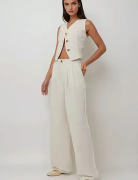 Womens Linen Feel Wide Leg Pleated Pants - Cream - Size X-Large - Hiccup - FashionsVida