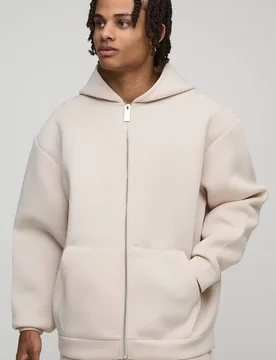 Men's Oversized Bonded Scuba Zip Through Hoodie Stone Size Large Stone L - boohooMAN - FashionsVida