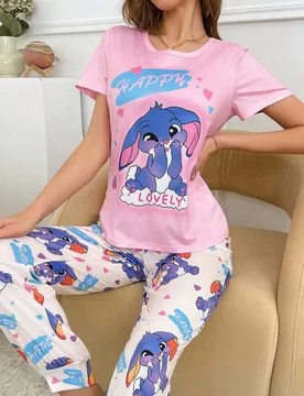Conjunto de pijama para mujer con bloqueo de colores y cuello redondo con diseño de conejo - Shein - FashionsVida
