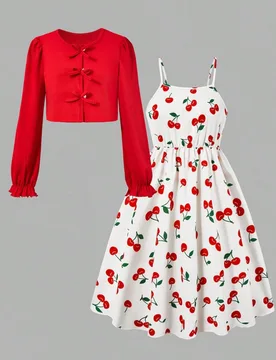 ¡Conjunto festivo para niñas! La blusa corta de color carmesí está inspirada en el estilo vintage, es suave y linda mientras cubre bien el Body. C - Shein - FashionsVida