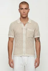 Mens Regular Fit Open Stitch Knitted Shirt - Beige - Size Small