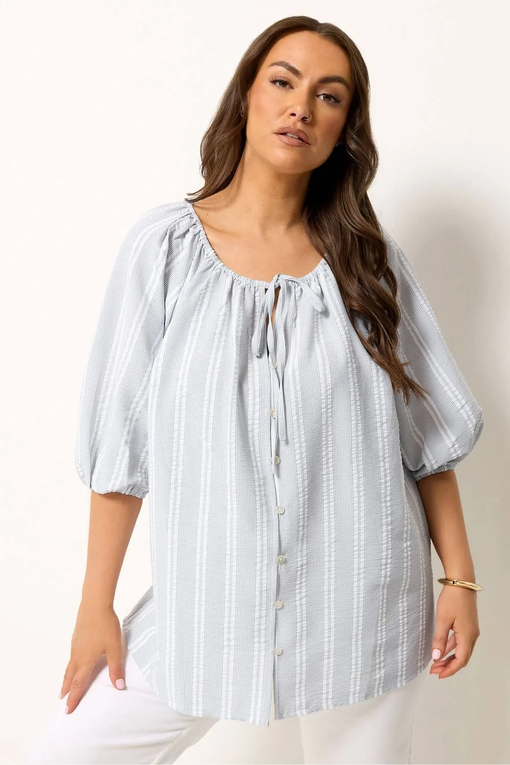 Stripe Tie Neck Top - Light Grey - Size: 16 - Yours - FashionsVida