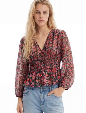 Blouse plumetis fleurs, Polyester, Noir, XS