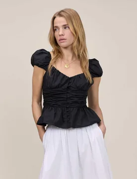 Pure Cotton V-Neck Puff Sleeve Top Black female - Nobody's Child - FashionsVida