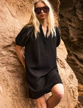 V-Neck Puff Sleeve Mini Relaxed Shift Dress Black female - RO&ZO - FashionsVida
