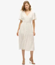Superdry Damen Kurzärmeliges Ibiza Midikleid White - Größe: 36