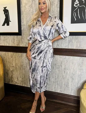 Women's Grey Printed 3/4 Sleeve Side Tie Waist Wrap Shirt Midi Dress Size: 12 - Grey - Size: 12 - AX Paris - FashionsVida