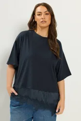 Lace Trim T-Shirt - Dark Navy - Size: 16