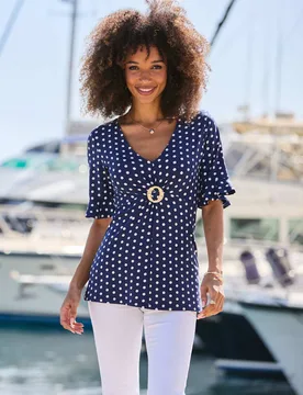 Polka Dot V-Neck Ring Detail Tunic Navy Mix female - Sosandar - FashionsVida