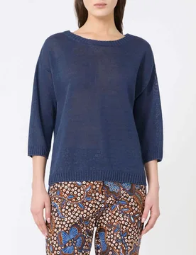 Maglia cropped Weekend blu in lino a punto rasato con maniche a tre quarti - Max Mara - FashionsVida
