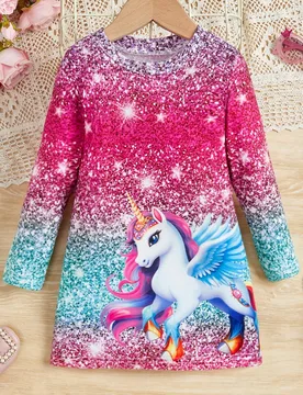 Chica Joven Vestido estilo camiseta con estampado de unicornio con lentejuelas efecto con estampado - Shein - FashionsVida