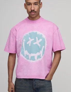 Mens Oversized Boxy Tie Dye Smiley Face Print T-Shirt - Pink Cotton - Size Medium - boohooMAN - FashionsVida
