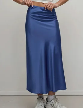 Womens High-Waist Satin Midi Skirt - Dark Blue - Size Medium - Hiccup - FashionsVida