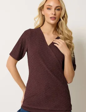 Women's Textured Wrap Top in Chocolate Size: 14 - Chocolate - Size: 14 - M&Co - FashionsVida