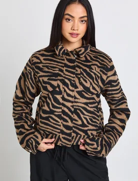 Womens Zebra Print Wool Look Jacket - Beige - Size 10 Uk - Boohoo - FashionsVida