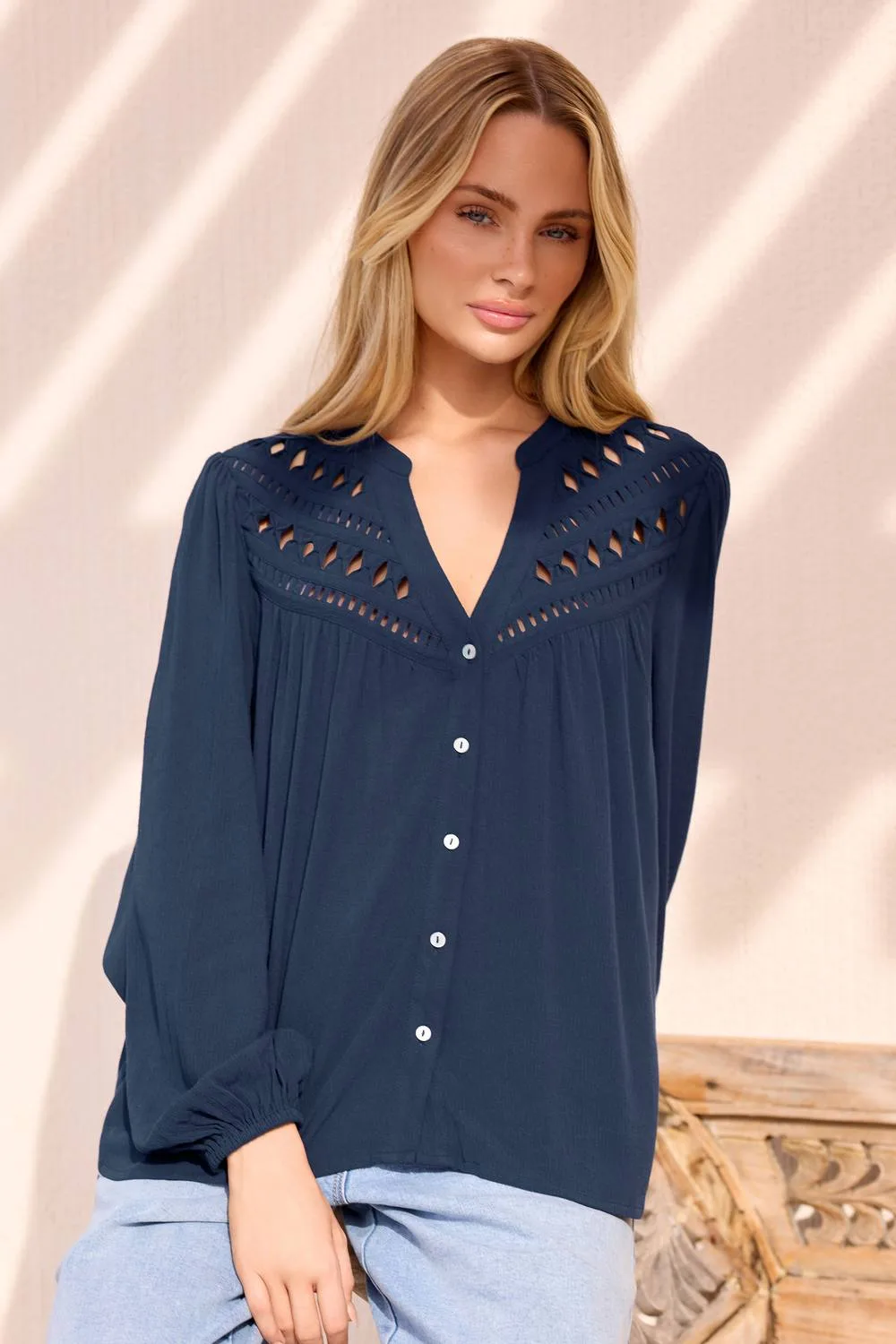 Crochet Button Up Blouse - Mid Navy - Size: 10 - M&Co - FashionsVida