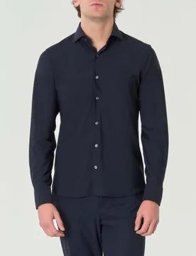 Camicia Pellizzari blu a tinta unita slim-fit in tessuto tecnico con colletto aperto alla francese - Rodolfo Pellizzari - FashionsVida