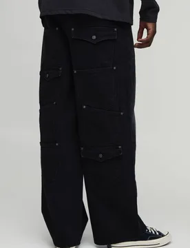 Men's Embellished Trim Multi Pocket Baggy Jeans Washed Black Size 28 Washed Black 28 - boohooMAN - FashionsVida