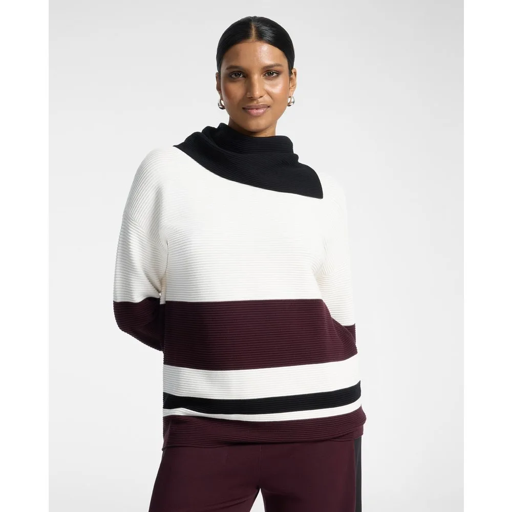 Jersey de mujer de rayas con cuello vuelto asimétrico ajuste boxy largo medio - Elena Miró - FashionsVida