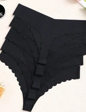 Paquetes de tangas sin costuras para mujer, bragas de cintura baja en color negro, ropa interior de seda helada, bragas con ribete ondulado, tangas de - Shein - FashionsVida