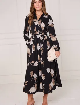 Women's Black & Taupe Magnolia Print Maxi Shirt Dress Size: 12 - Black - Size: 12 - LOVE SUNSHINE - FashionsVida