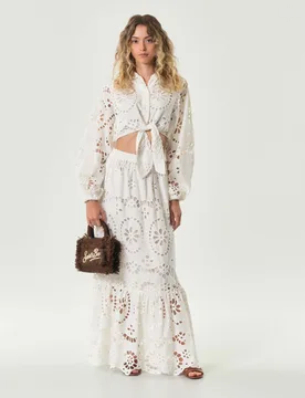 Gonna lunga bianca in Sangallo di cotone a balze con elastico in vita - MC2 SAINT BARTH - FashionsVida