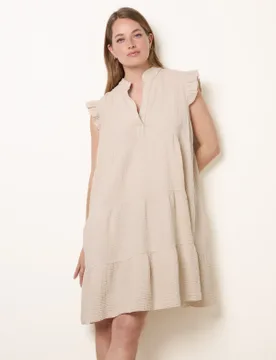 Cheesecloth Frill Sleeve Tunic - S/M / STONE - female - Blue Vanilla - FashionsVida