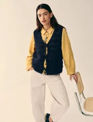 Pure Cotton Textured V-Neck Knitted Vest Navy female