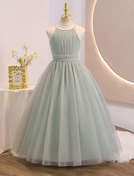 Vestido midi acampanado con cuello de halter y cintura de malla para niñas preadolescentes, adecuado para bodas, fiestas, cumpleaños, banquetes, tod - Shein - FashionsVida