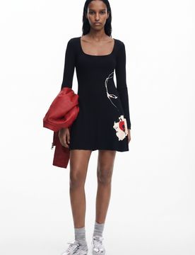 Robe courte à fleurs, Viscose, Noir, XS
